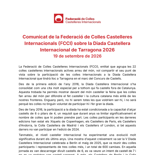 Comunicat de la Federació de Colles Castelleres Internacionals (FCCI) sobre la Diada Castellera Internacional de Tarragona 2026